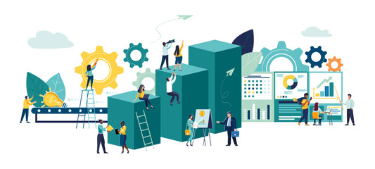 Vector business illustration. People, leadership qualities in teamwork, direction on a successful path. Overcoming obstacles, high level of work, the team is happy for the winner, production, conveyor
