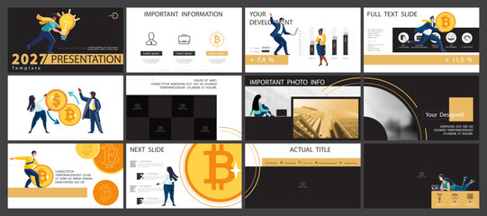 Vector illustration.Set, powerpoint, business presentations, currency circulation, buying bitcoin, saving.Infographic design template, yellow black elements.Team of people creates a business, teamwork