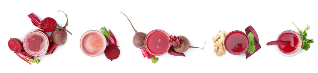 Set of fresh beet juice isolated on white, top view