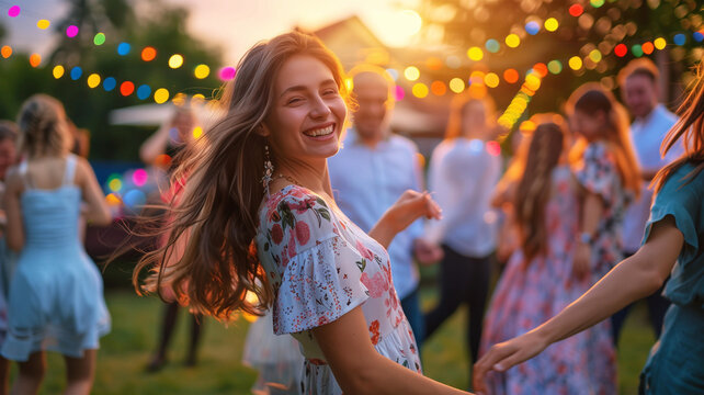 Junge Frau feiert mit Familie beim Sommerfest