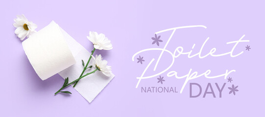 Roll of toilet paper with beautiful chamomile flowers on lilac background