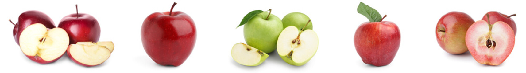 Set of different ripe apples on white background