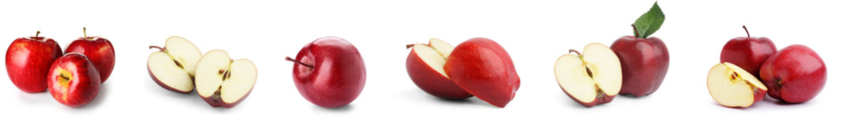 Set of red ripe apples on white background