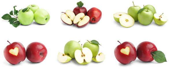 Set of different ripe apples on white background