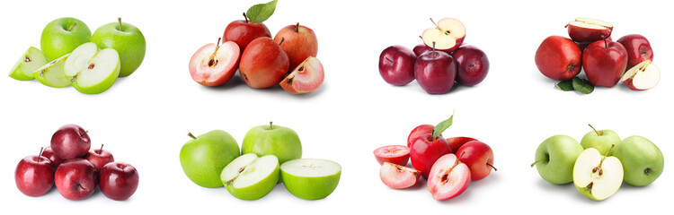 Set of many ripe apples on white background