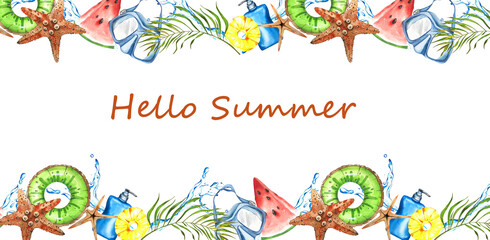 Seamless Banner on Beach Vacation Theme. Starfish, Kiwi Lifebuoy, Swimming Mask, Sun Cream, Pineapple, Palm Leaves. Watercolor Illustration. Design Elements for Flyers, Posters, Textiles, Accessories