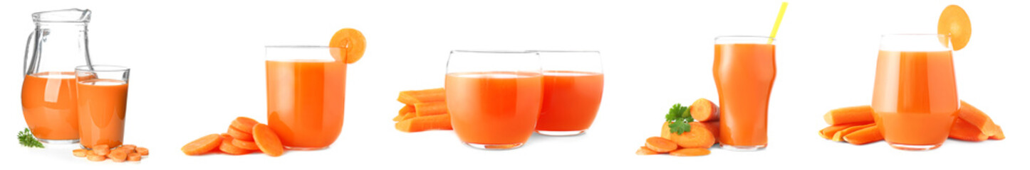 Set of fresh carrot juice on white background