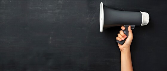 Hand holding a bright megaphone against a chalkboard background with drawn lines indicating sound. Generative ai.