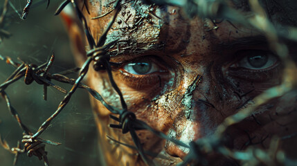 Obraz premium Close-up of a man's face, showing expression of struggle, with barbed wire in the foreground, evoking themes of confinement and survival.
