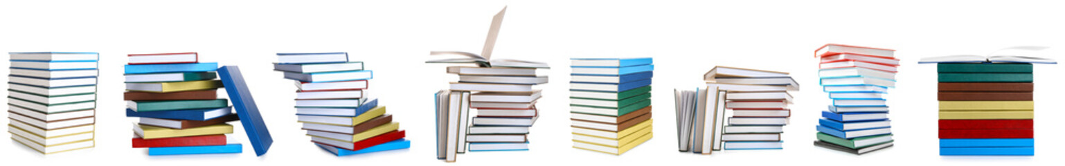 Stacks of many books isolated on white