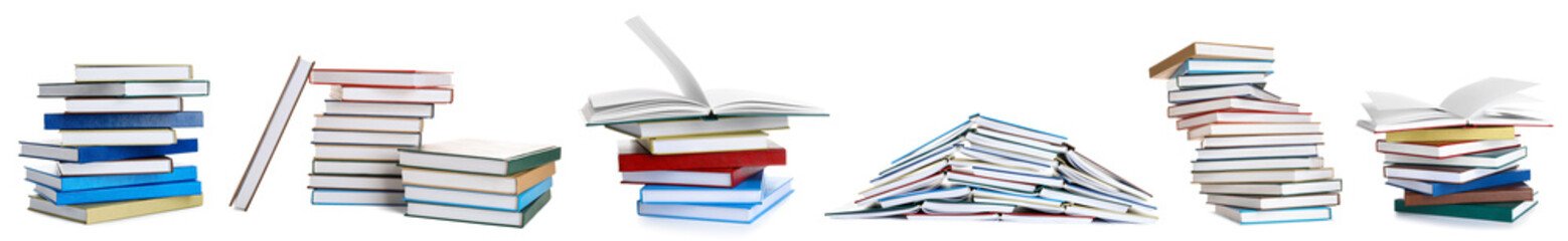 Stacks of many books isolated on white