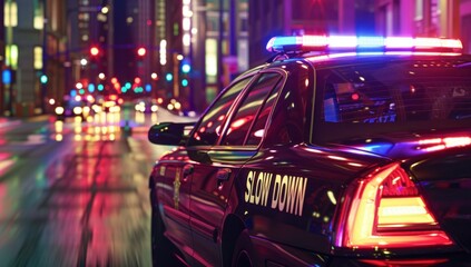 Police car with flashing lights and the words Slow Down in a city at night. Generative ai.