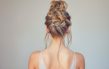 A bride showcases a beautiful updo hairstyle, featuring intricate braids and soft waves, perfect for her wedding celebration