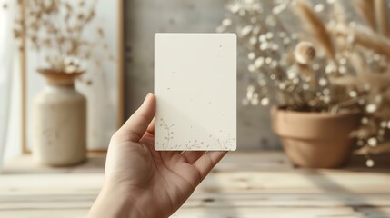 Obraz premium Hand holding blank white card with dried flowers in background