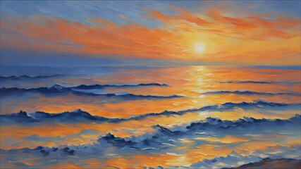 Fototapeta premium An oil painting depicting a seascape with the ocean, waves, sky, and setting sun.
