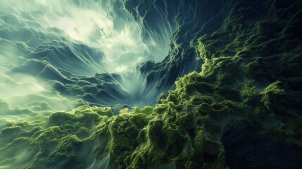 Obraz premium Green moss growing alien planet surrounded by swirling clouds of dark gas smoke mystery otherworldliness ethereal beauty of light filtering through thick mist