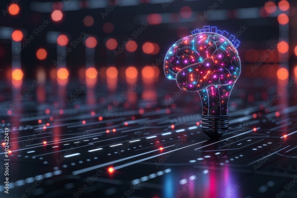Poster glowing brain light bulb on digital grid symbolizing advanced technology intelligence and innovation