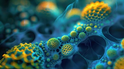 Biological Microscopes microscopic bio material blue yellow color tones organic shapes patterns green gold carbon molecules forming geometric structures