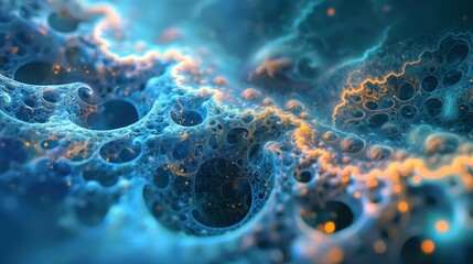 Biological Microscopes abstract futuristic background glowing particles organic shapes blue yellow lights dark brown elements bubbles sea waves coral reefs
