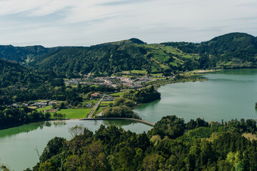 Azores - volcanic blus lake Sete Cidades, green landscape in Portugal, San Miguel