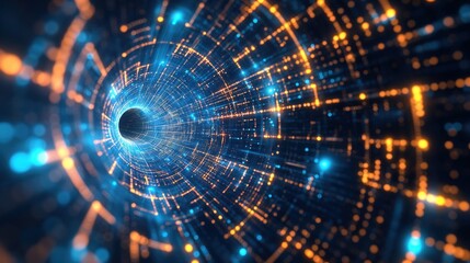 Fototapeta premium Blue yellow glowing lights tunnel of data big tech in global network communication technology big tech