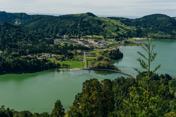 Azores - volcanic blus lake Sete Cidades, green landscape in Portugal, San Miguel