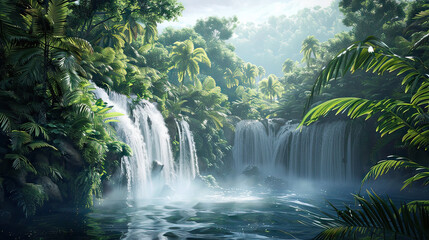 Vibrant Tropical Jungle Cascading Waterfalls Surrounding AI Generative