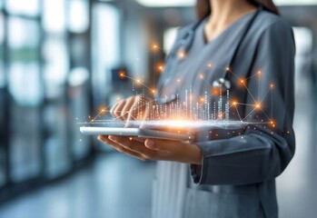 Focused Female doctor in hospital, hand holding tablet amidst keyboard and laptop, blending work and Hologram technology