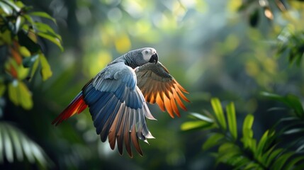 An African Grey parrot soars through the rainforest canopy.