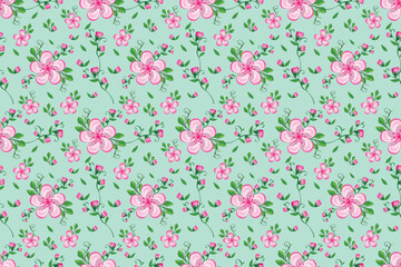 Seamless floral pattern with folk motifs. Cute ditsy print, romantic botanical background design with hand drawn wild plants, pink flowers on branch, various leaves, herbs on white surface. Vector.
