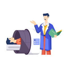 A doctor doing CT scan of a patient, flat style illustration