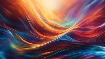 A colorful, abstract painting of a wave with a bright orange and blue hue