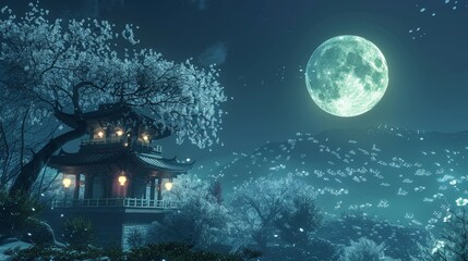 Enchanting Moonlit Night Over Ancient Chinese Riverside