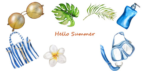 Hello Summer Accessories Set Beach Bag, Hats, Sunglasses, Lifebuoy, Scuba Mask, Sun Cream, Palm. Watercolor Illustration. Design Elements for Flyers, Posters, Promotional Products, Textiles
