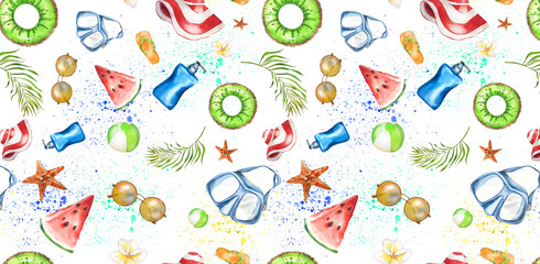 Seamless Pattern on Beach Vacation Theme. Starfish, Kiwi Lifebuoy, Swimming Mask, Sun Cream, Pineapple, Palm Leaves. Watercolor Illustration. Design Elements for Flyers, Posters, Textiles, Accessories