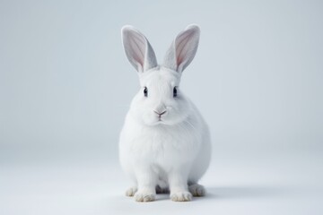 Graceful fluffy white pet rabbit sitting elegantly on a pristine white background