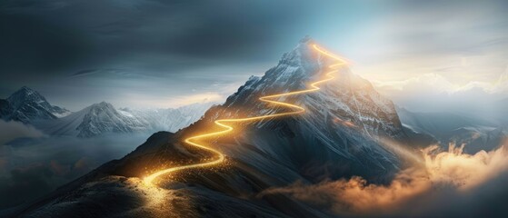 glowing path to the top of the mountain, business success strategy, development and growth concept