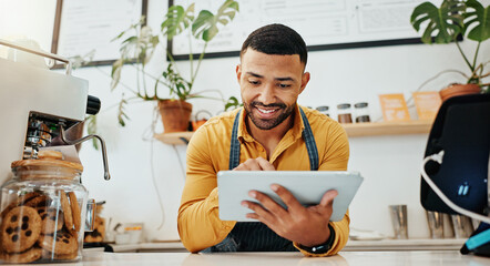 Waiter, tablet and smile in cafe for hospitality, website and service with virtual menu, stock and...