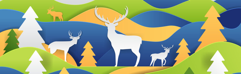 Deer in forest landscape paper cut style nature scene with colorful layered hills trees and deer silhouettes in vibrant greens blues and yellows