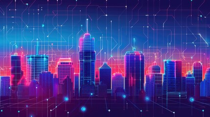 smart city at night, application development concept, smart city, Internet of things, smart life, information technology, gradient grid line