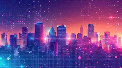 Obraz premium smart city at night, application development concept, smart city, Internet of things, smart life, information technology, gradient grid line