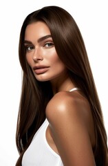 Fototapeta premium Portrait of an elegant woman with long, straight brown hair wearing a white top, showcasing her beauty, smooth skin, and confident expression on a white background.