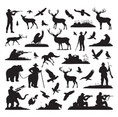 Fototapeta premium Hunting Silhouette Set with Hunters, Wildlife, Birds, and Equipment Icons 