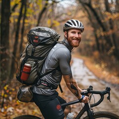 a 25 years old gravel cyclist with a 16l sport backpack, fun, smile,photorealistic,Photography with...