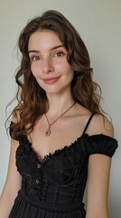 a beautiful European professor, smiling at the camera, designed dress , plump body 