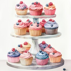 Watercolor cupcake stand with assorted cupcakes on white background
