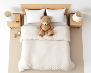 Cozy bedroom with a teddy bear on the bed, flanked by bedside tables with lamps and books, creating a warm and inviting atmosphere.