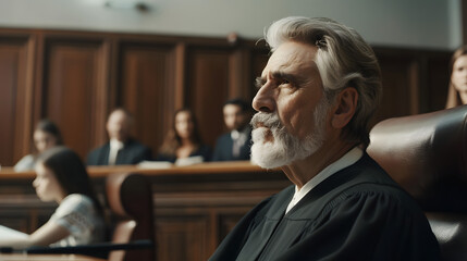 An older judge thoughtfully deliberates and makes his decision during the trial, carefully weighing the evidence and arguments presented.