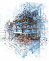 A detailed BIM blueprint of a construction project, showcasing intricate architectural details with digital data layers, symbolizing advanced planning. Created Using: high-resolution, sharp lines, BIM