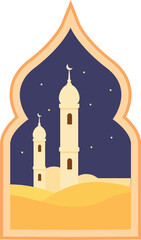 Illustration of a mosque building standing in the desert at night